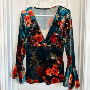 Teal Velvet Floral Bell Sleeve Babydoll 90s Y2K Top Whimsy Fairy Dark Romantic M